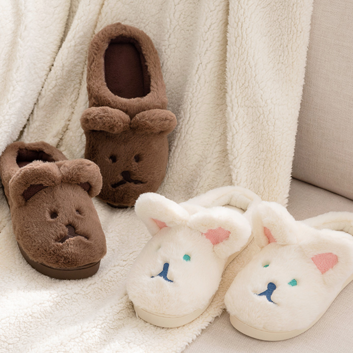｜DONATDONAT｜ Bear & Bunny Fur Slipper