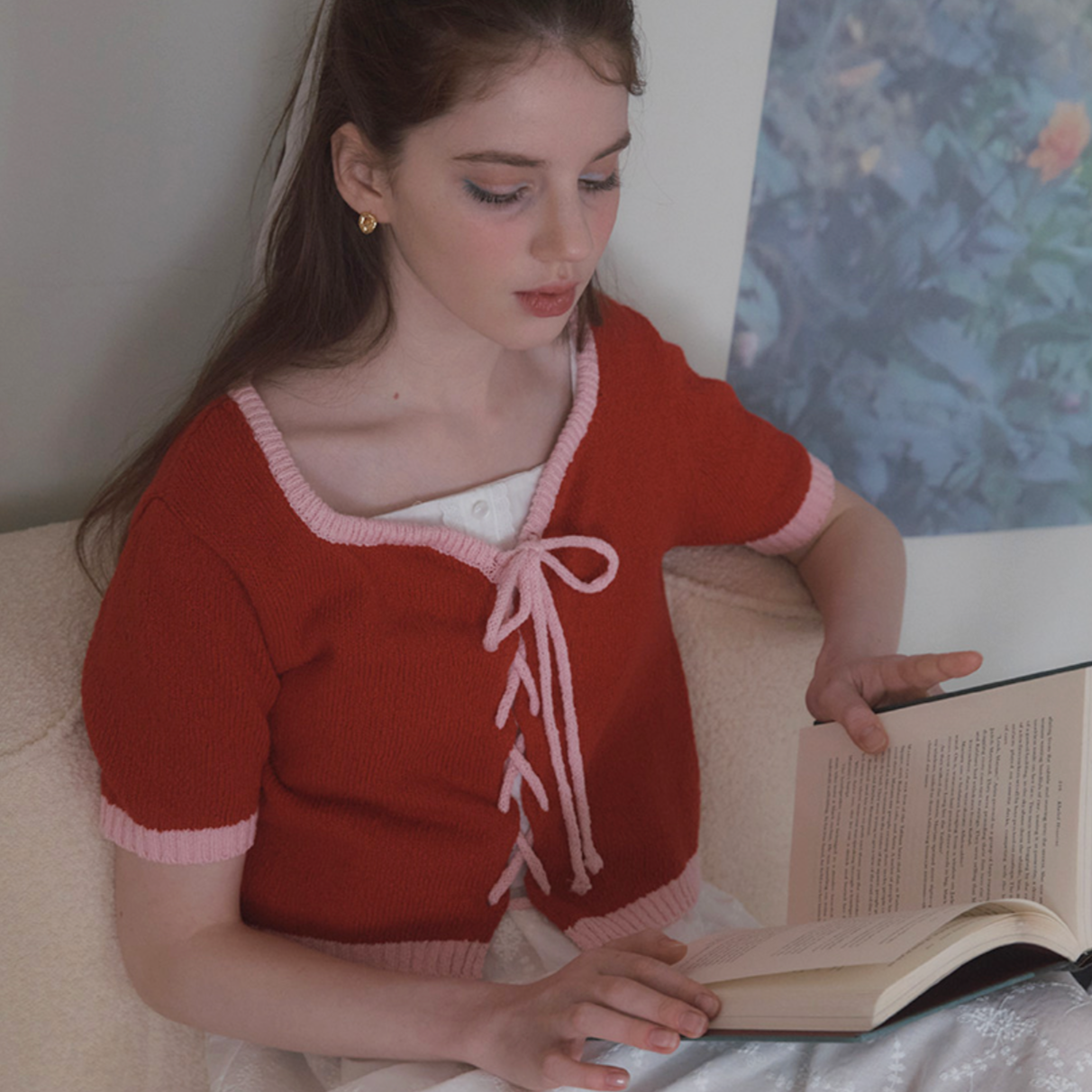 ｜Letter from Moon｜ Tulip Line Eyelet Cardigan (Red)