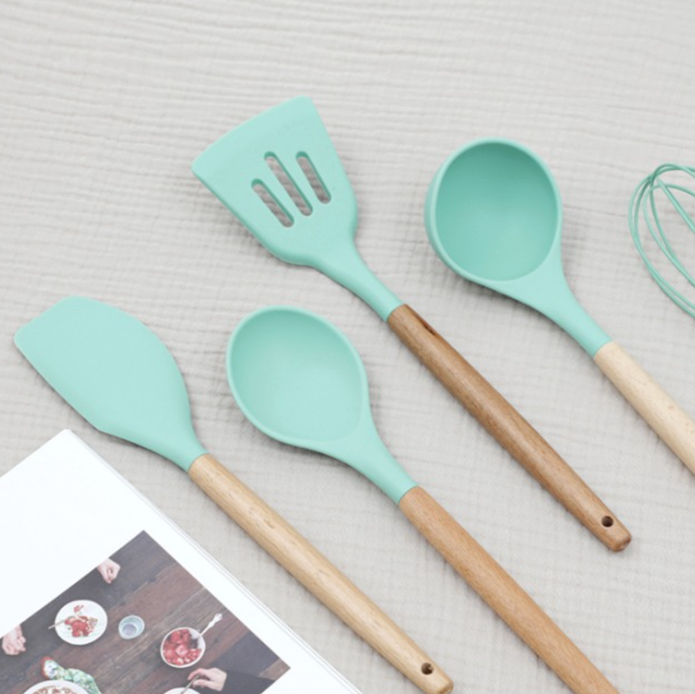 ｜VANESSDECO｜ Silicone Wood Multi-Cooking Tools 5P Set (Mint)