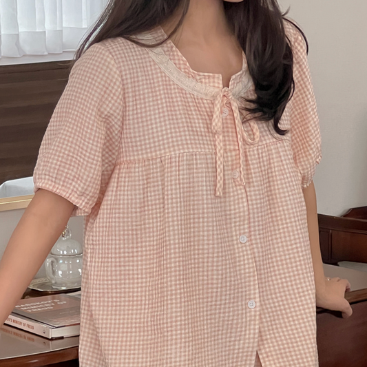 ｜Juuneedu｜ Daisy Lace Cotton Short Sleeve Pyjama Set