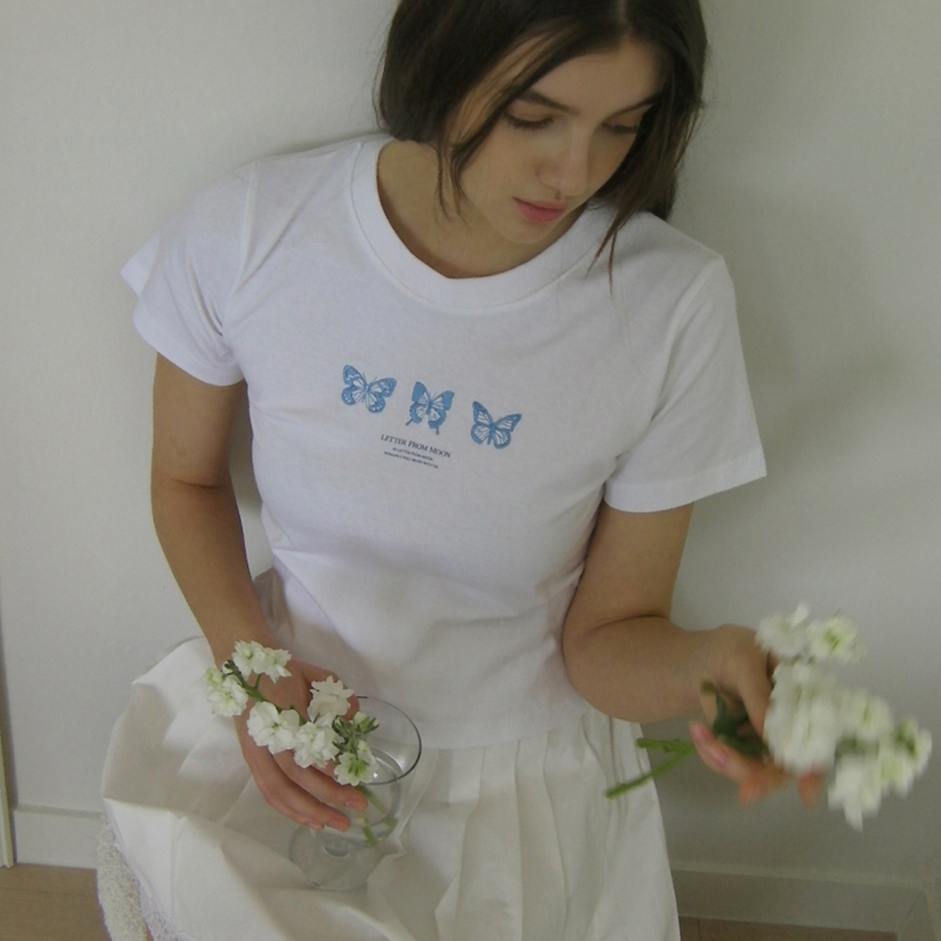 ｜Letter from Moon｜ Triple Butterfly Crop Short Sleeve T-shirts (White & Blue)