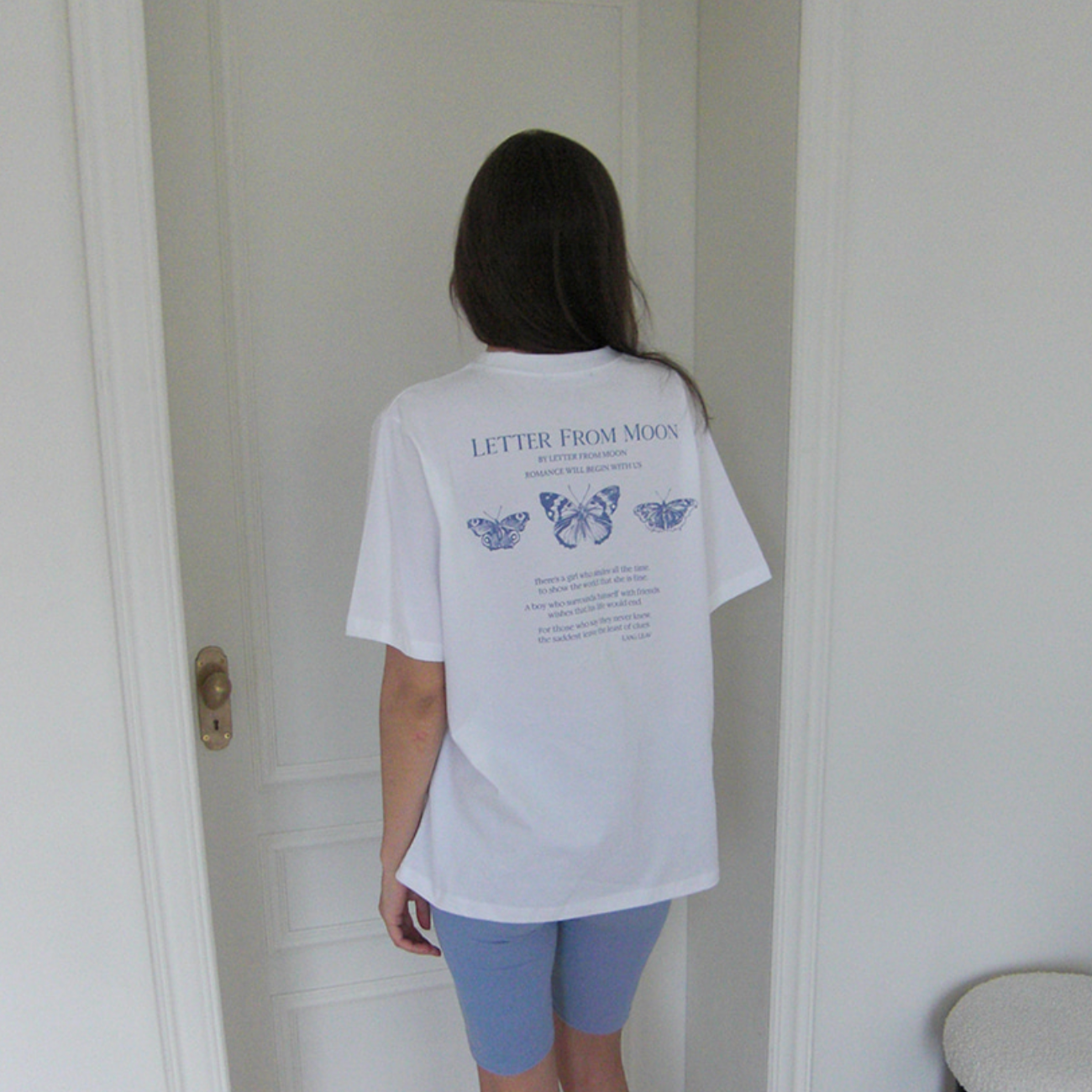 ｜Letter from Moon｜ Triple Butterfly Over-fit Short Sleeve T-shirts (White & Blue)