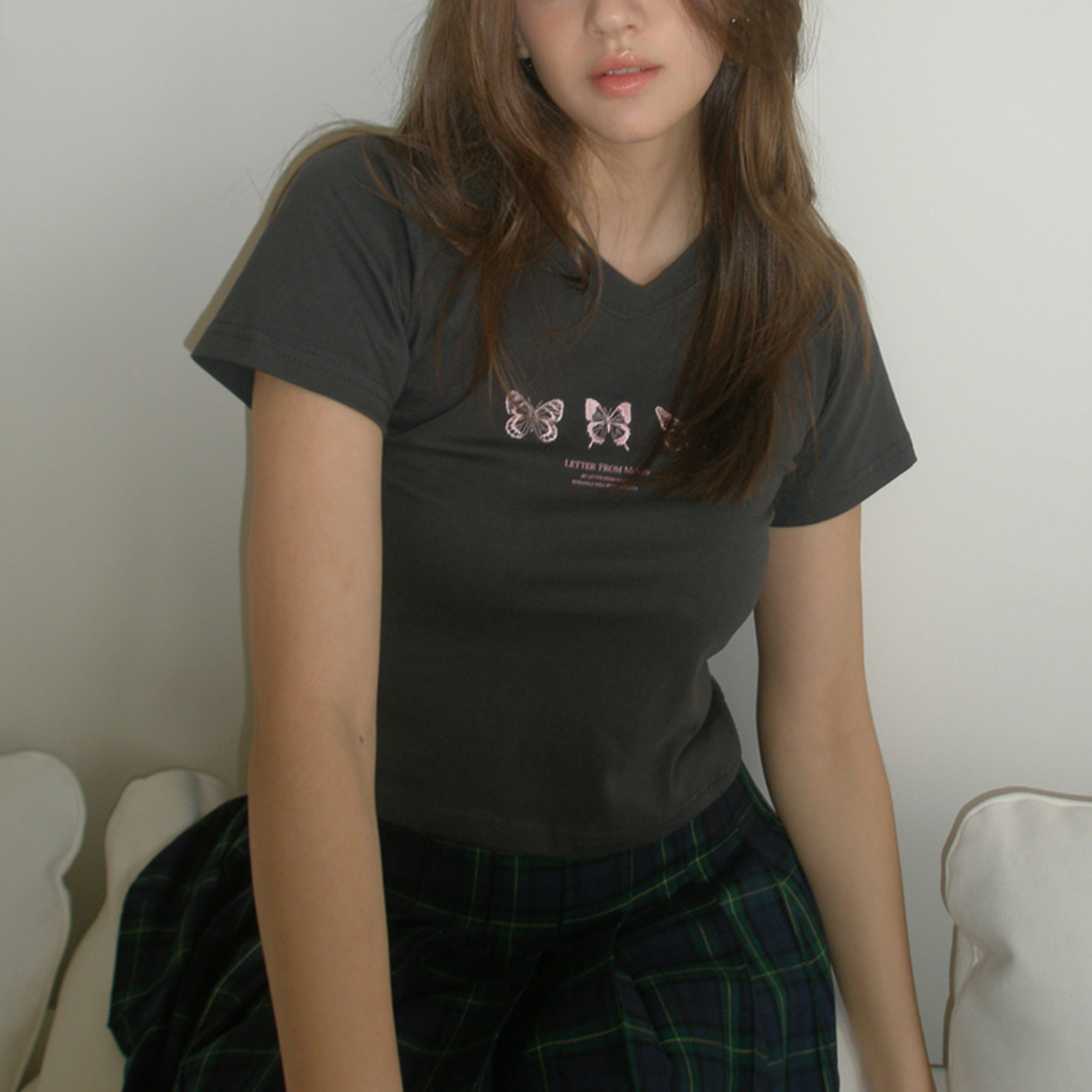 ｜Letter from Moon｜ Triple Butterfly Crop Short Sleeve T-shirts (Charcoal)