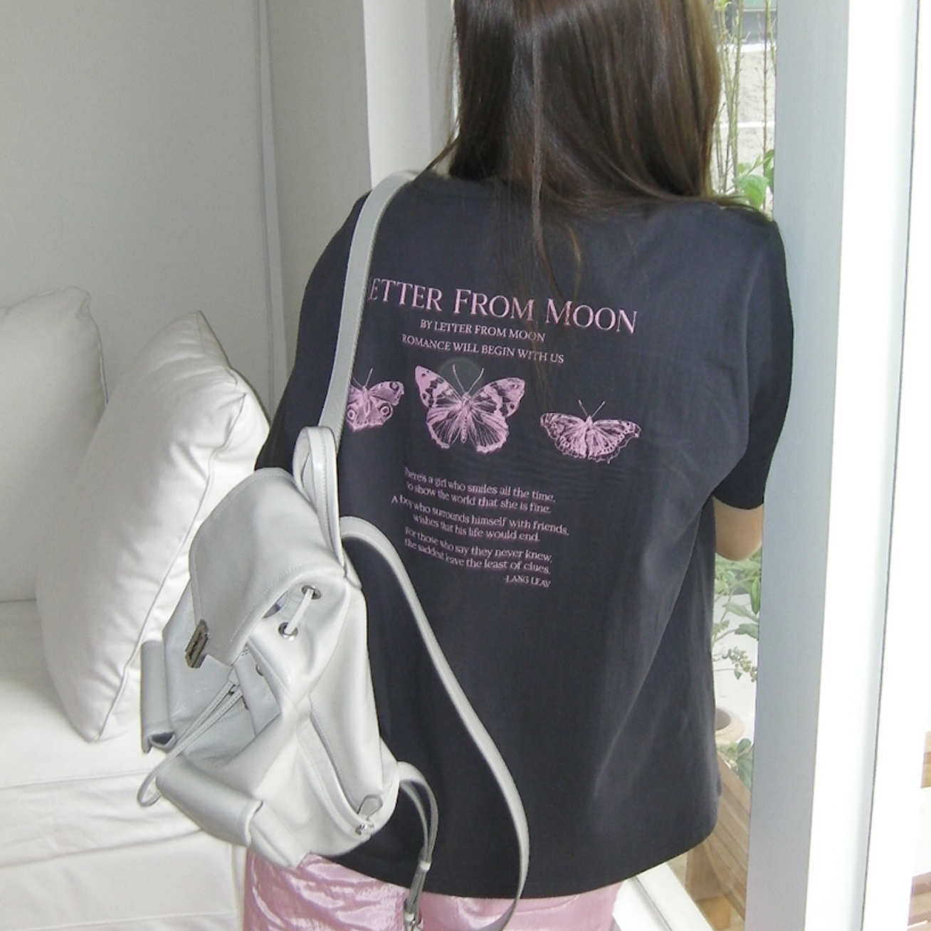 ｜Letter from Moon｜ Triple Butterfly Over-fit Short Sleeve T-shirts (Charcoal)
