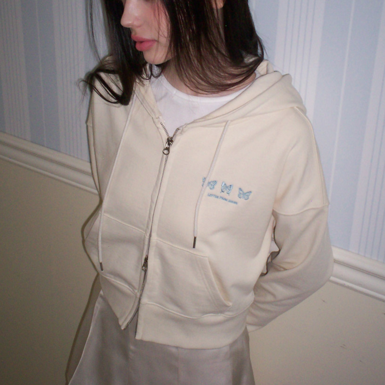 ｜Letter from Moon｜ Triple Butterfly Embroidered Two-way Hood Zip up (4Colour)