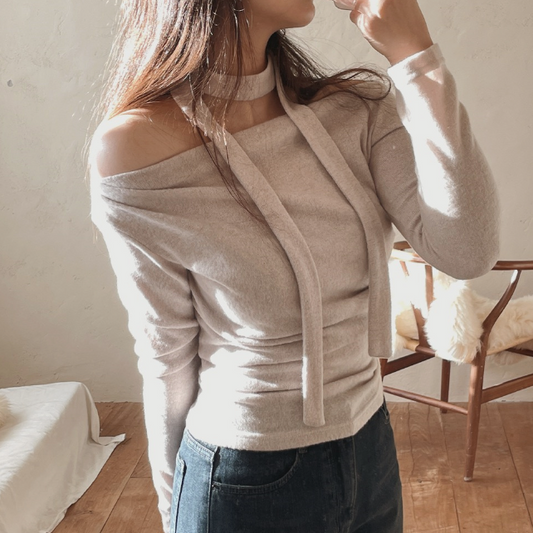 ｜SLOWAND｜ Thin Fit Shirring T-shirt (Tie Set)