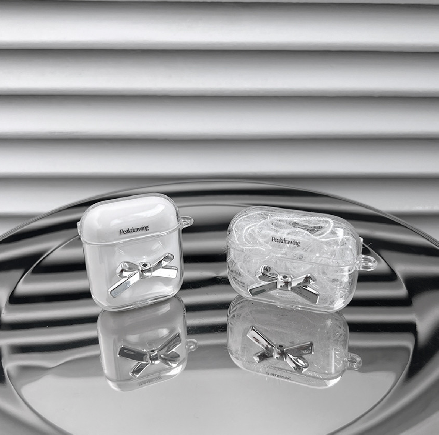｜Peakdrawing｜ Silver Ribbon Airpod Clear Hard Case