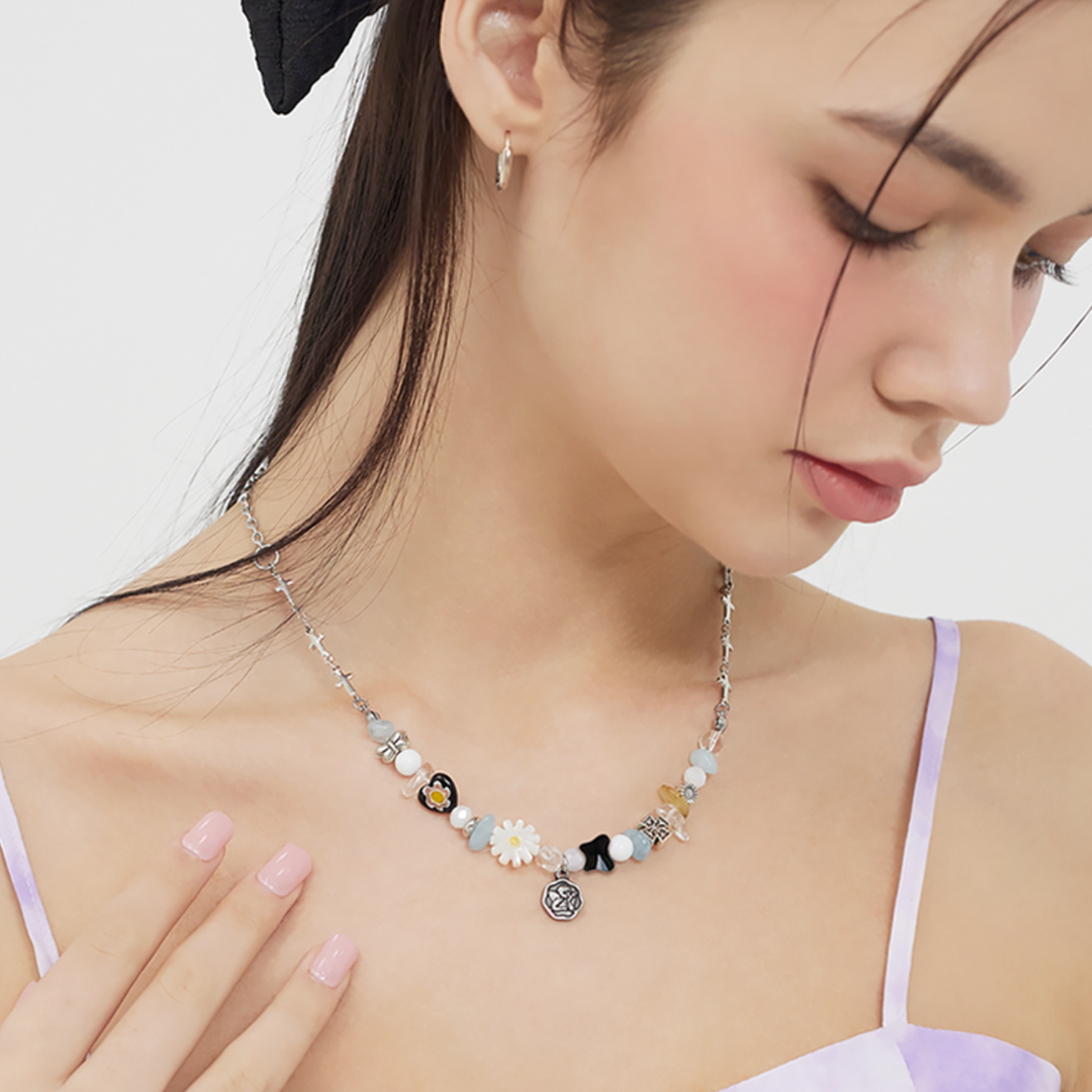 ｜VVV｜ Angel Flower Mix Beads Cross Chain Necklace