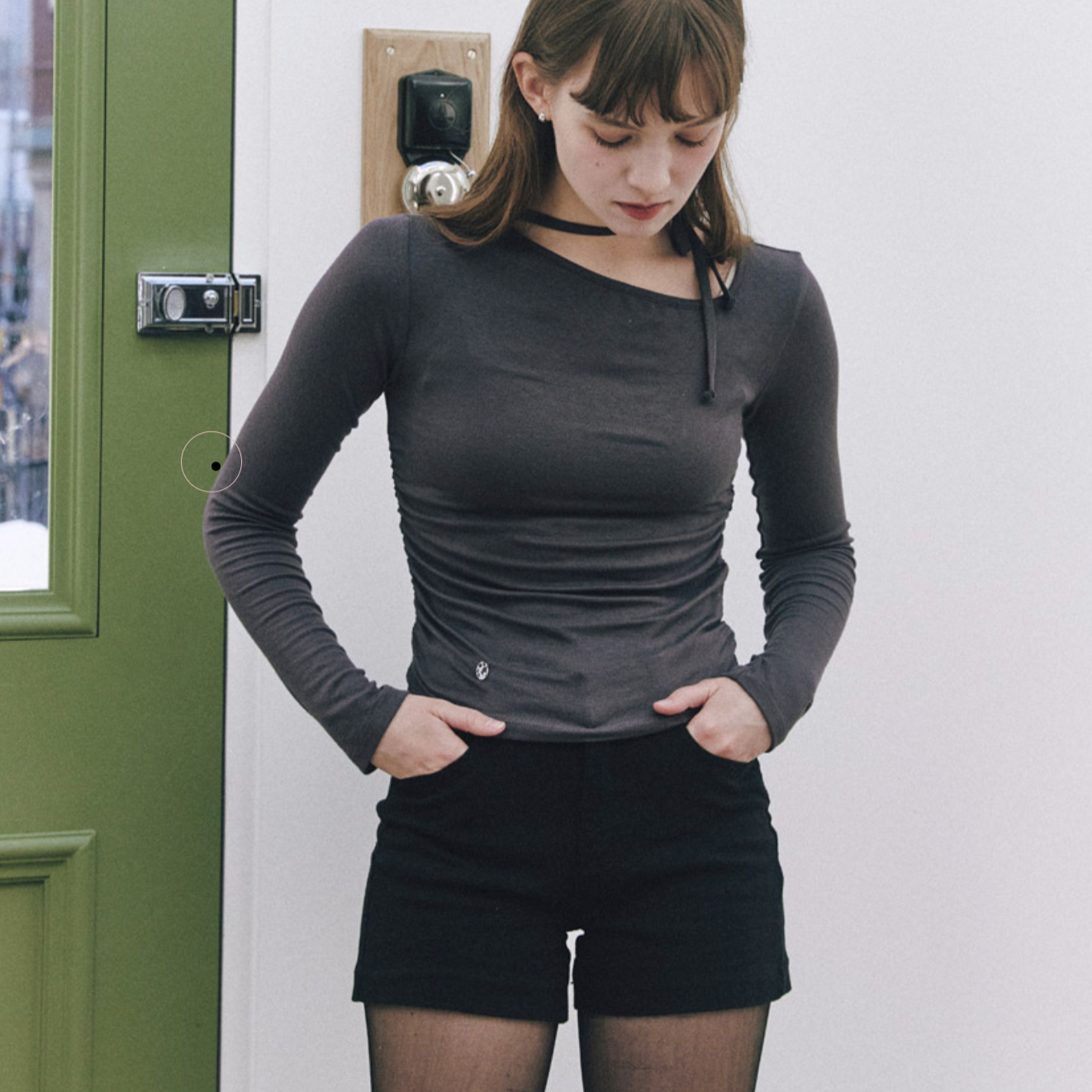 ｜Letter from Moon｜ Slash Neck Ribbon Top (Charcoal)