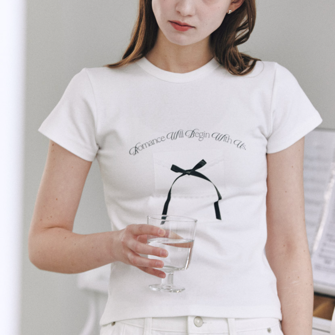 ｜Letter from Moon｜ Ribbon Letter Slim T-Shirts (White)
