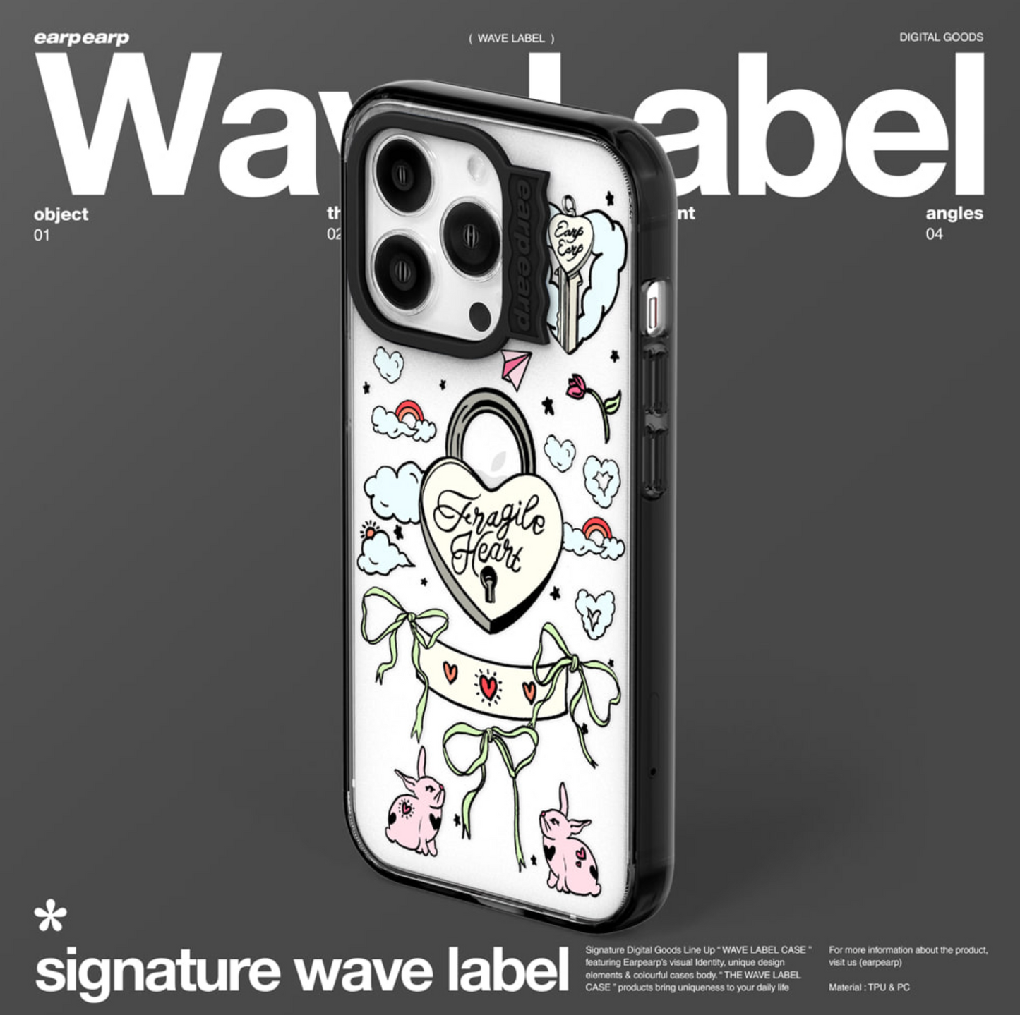 ｜earp earp｜ Wave Label Heart Pad Lock BLACK Clear Phone Case / MagSafe Phone Case