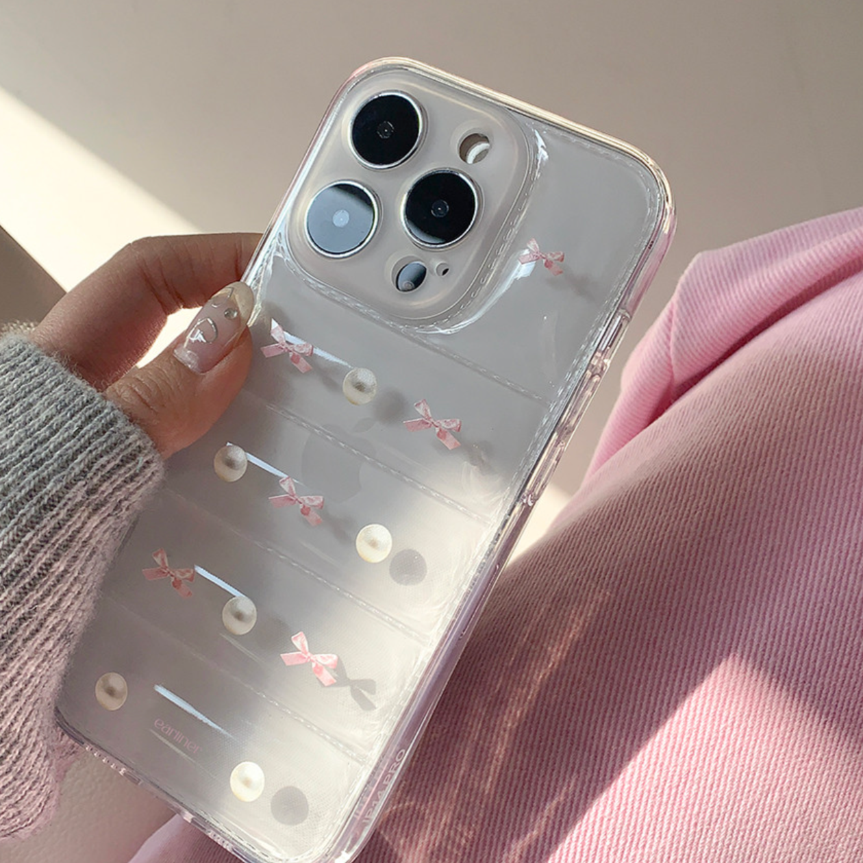 ｜earliner｜ Pink Ribbon Pearl Padding Jelly Hard Case
