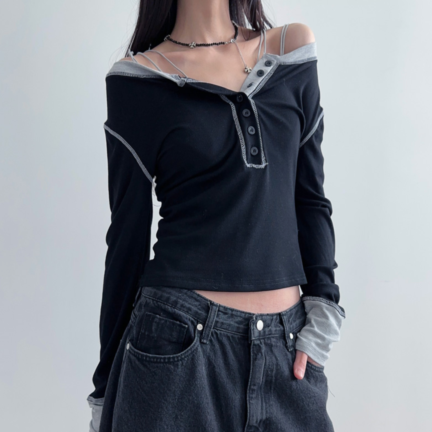｜LOWEAR｜ Henry Neck Two Tone Tee