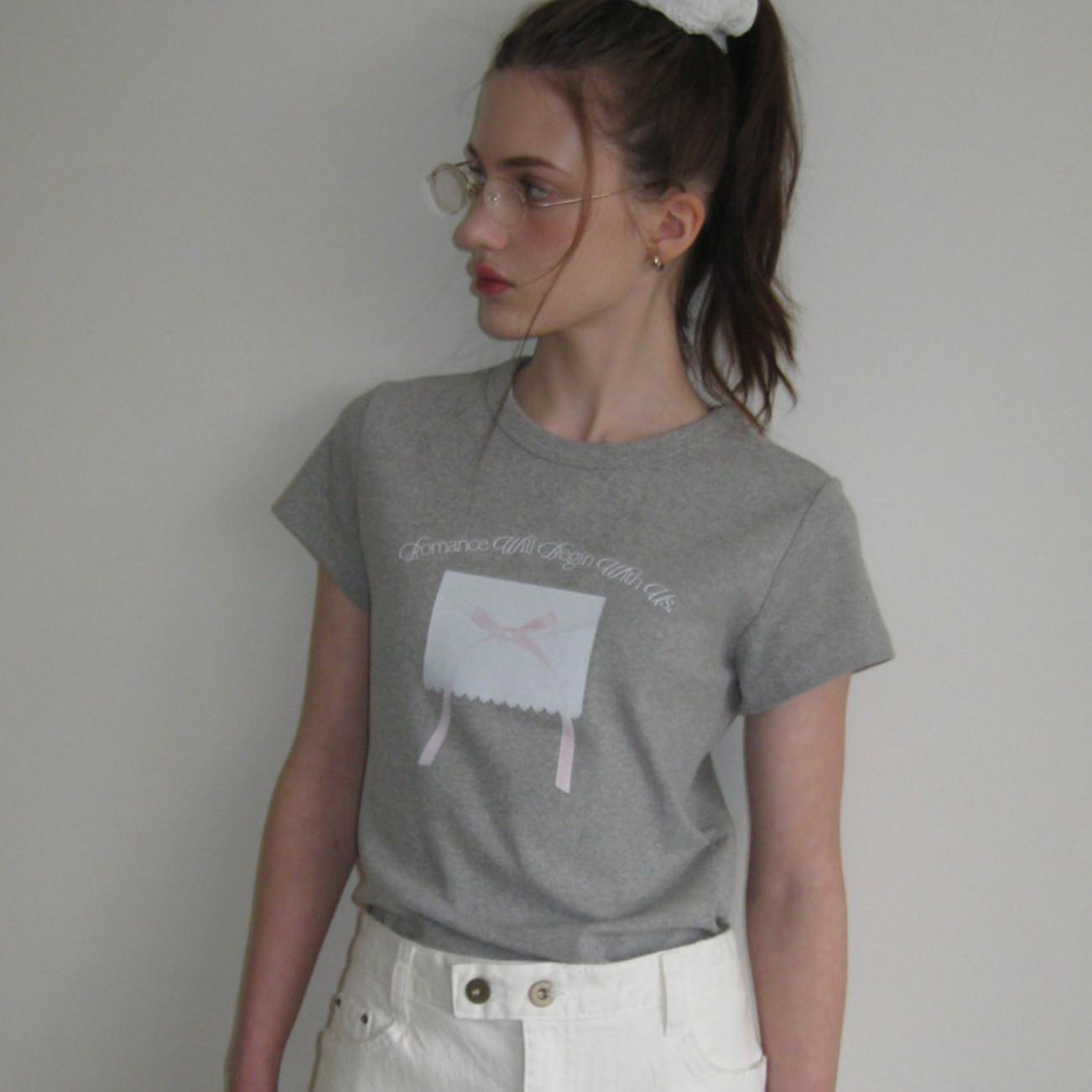 ｜Letter from Moon｜ Ribbon Letter Slim T-Shirts (Grey)
