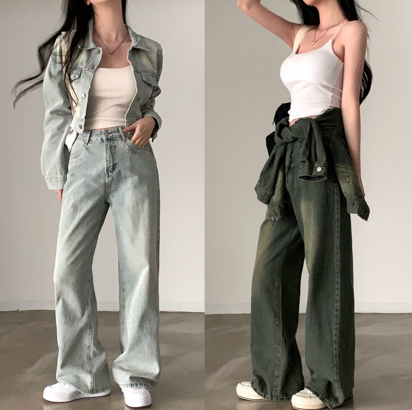 ｜CREAM CHEESE｜ Vintage Denim Jacket + Wide Pants Set