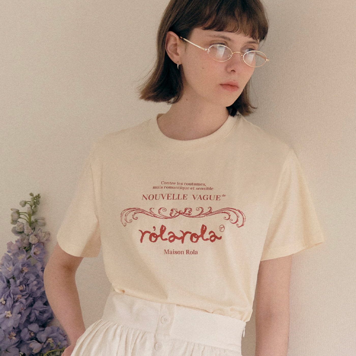 ｜rolarola｜ VINTAGE NOUVELLE LOGO HALF T-SHIRT IVORY