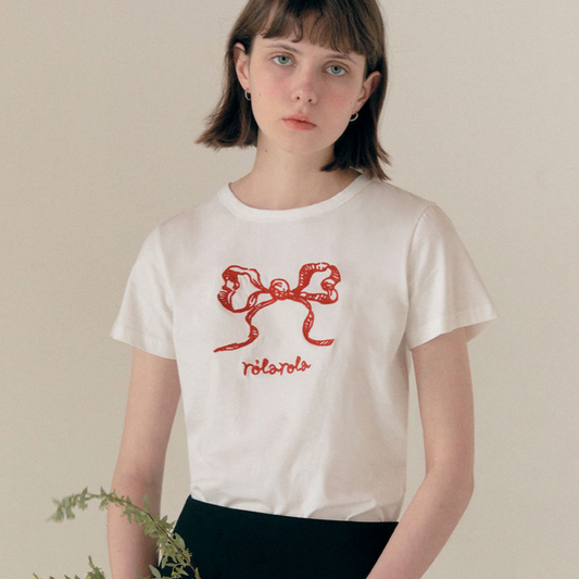 ｜rolarola｜ RIBBON HALF T-SHIRT WHITE