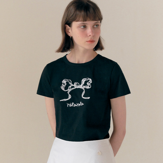 ｜rolarola｜ RIBBON HALF T-SHIRT BLACK