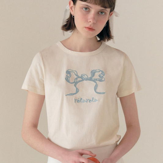 ｜rolarola｜ RIBBON HALF T-SHIRT IVORY