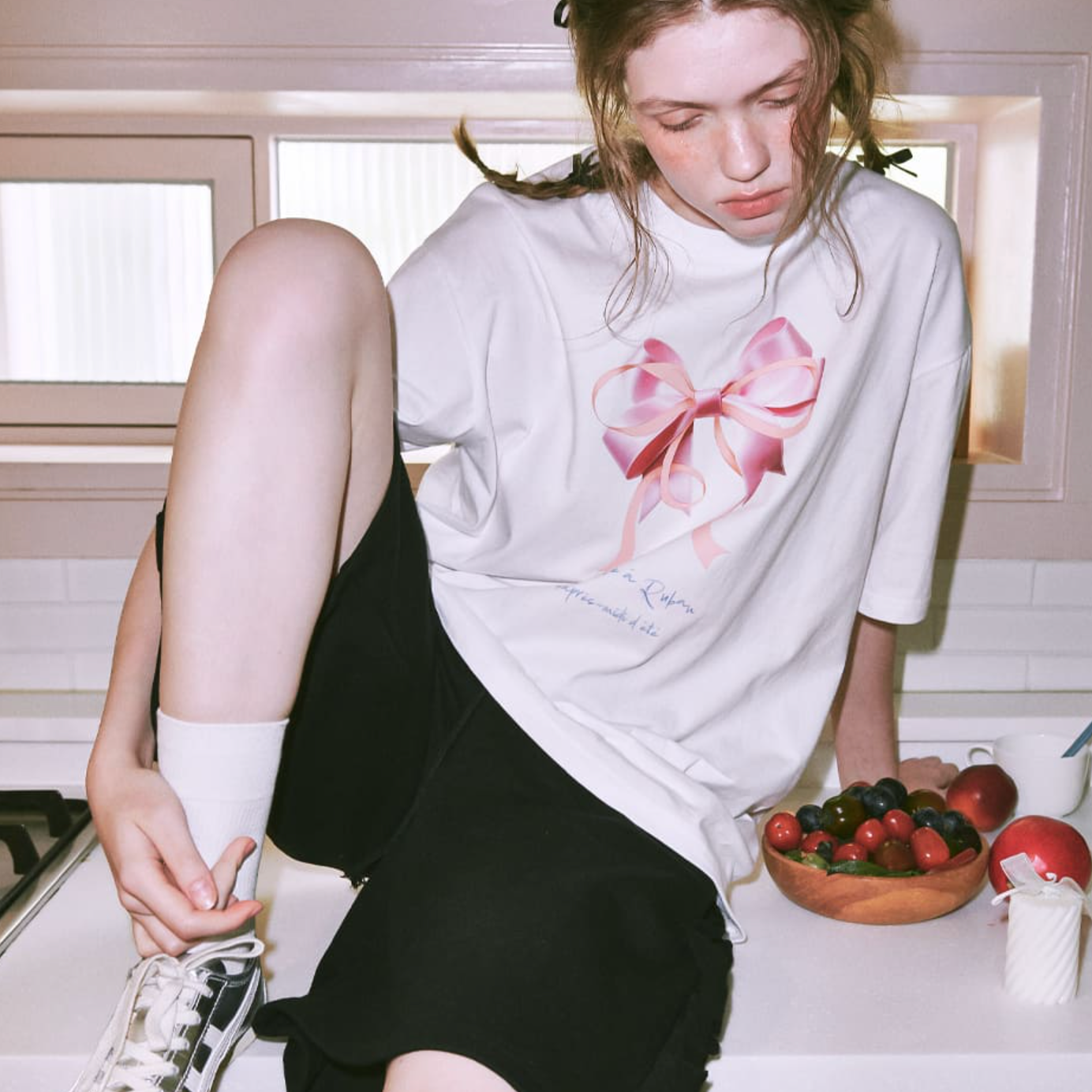 ｜RONRON｜ DOUBLE RIBBON OVER FIT T SHIRT WHITE