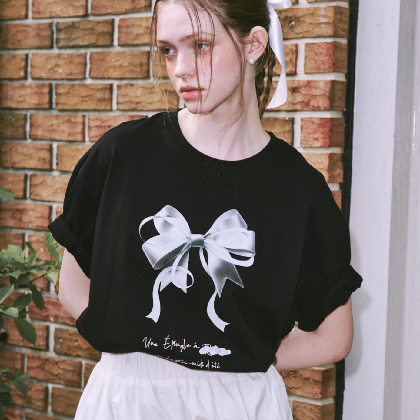 ｜RONRON｜ DOUBLE RIBBON OVER FIT T SHIRT BLACK