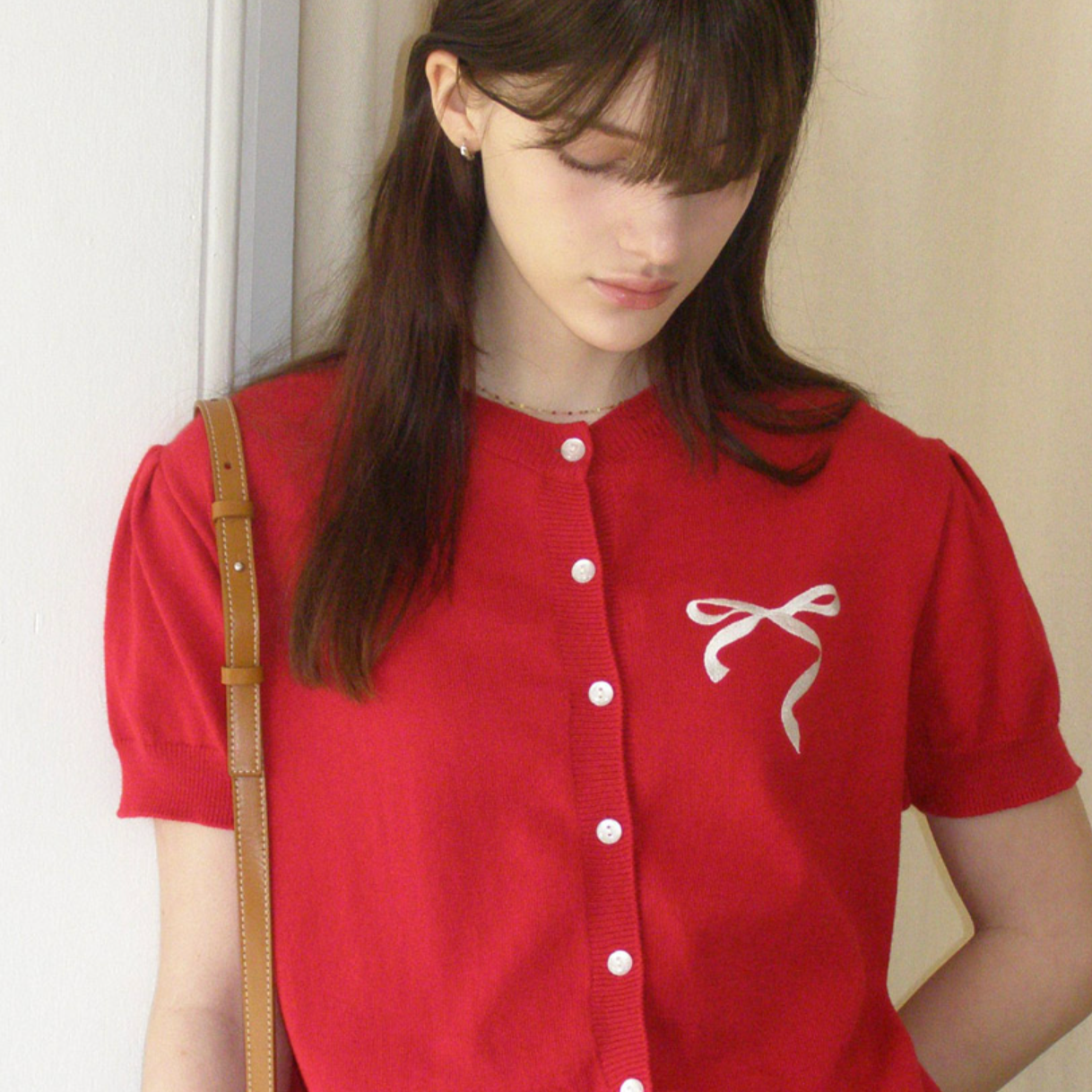 ｜Letter from Moon｜ Ribbon From Moon Half Cardigan (Red)