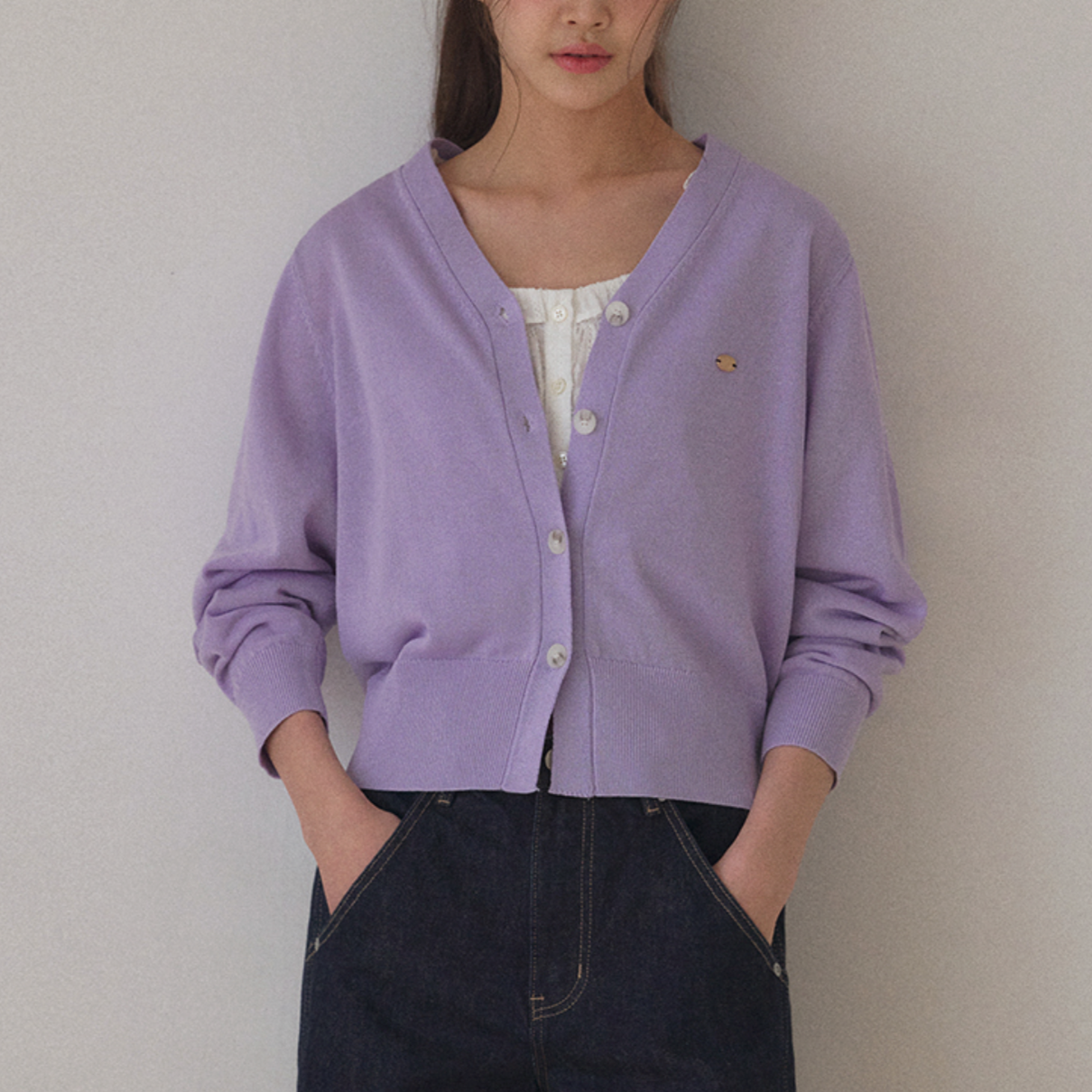 ｜LAFUDGE FOR WOMAN｜ Scotch V-neck Knit Cardigan (Lavender)