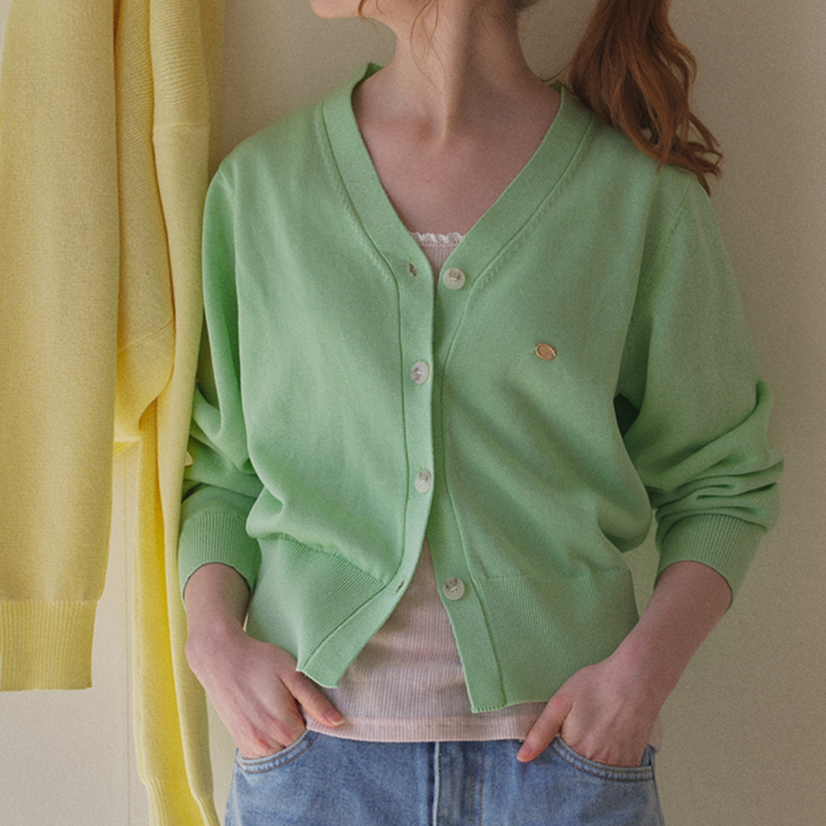 ｜LAFUDGE FOR WOMAN｜ Scotch V-neck Knit Cardigan (Leaf Mint)