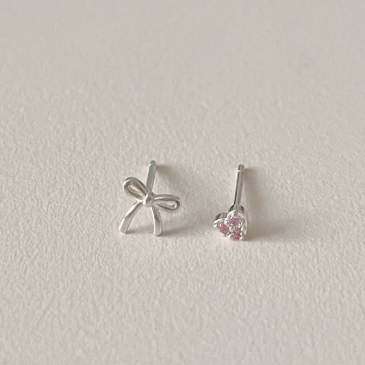 ｜aube n berry｜ 925Silver Haven Vintage Ribbon Heart Cubic Earrings Set