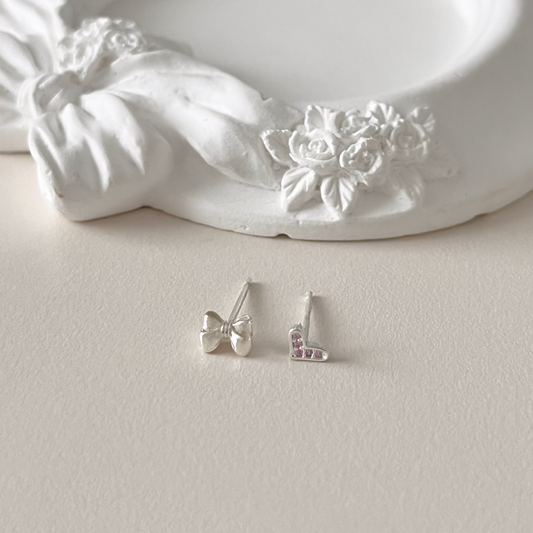 ｜aube n berry｜ 925Silver Lisa Ribbon Pink Heart Mini Silver Earrings