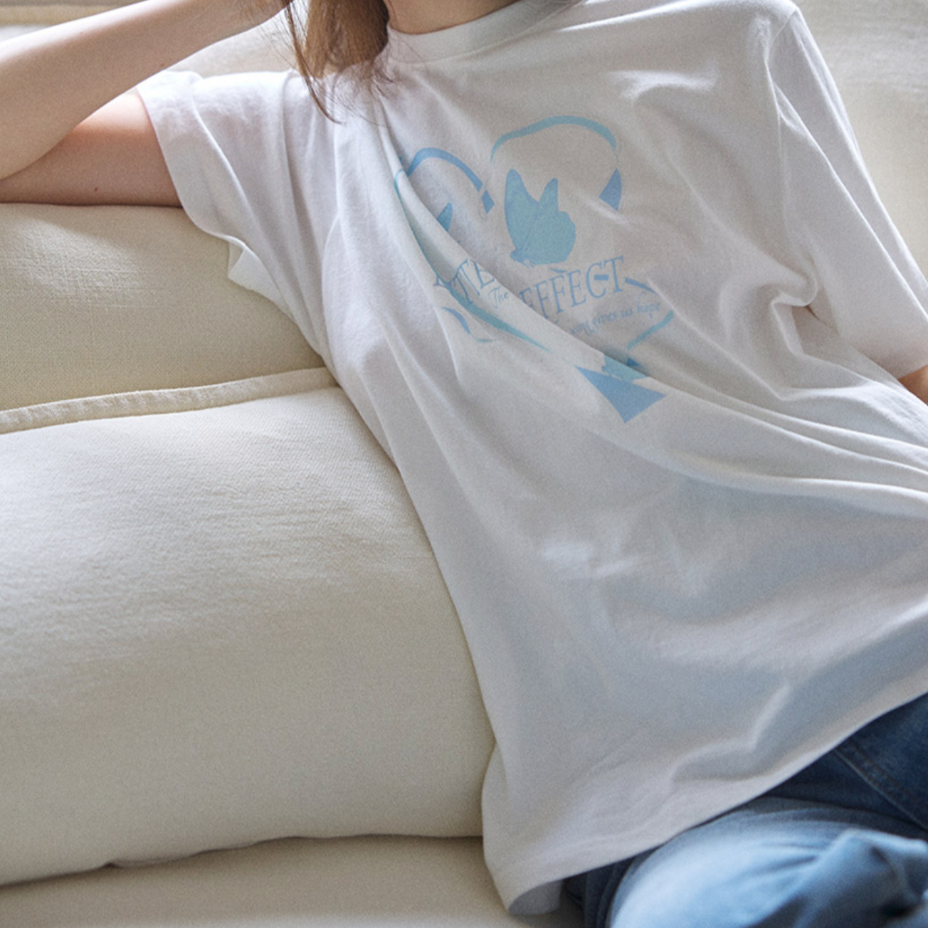 ｜Letter from Moon｜ Butterfly Effect Oversized Fit Short Sleeve T-Shirt (White & Skyblue)