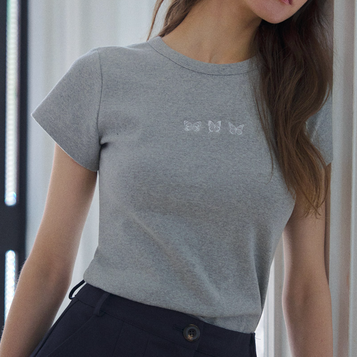 ｜Letter from Moon｜ Triple Butterfly Embroidery Slim Fit T-Shirt (Melange Grey)