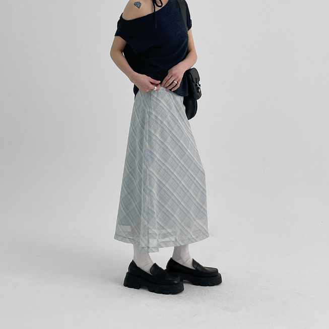 ｜BLACK UP｜ Chiffon Checkered Long Skirt