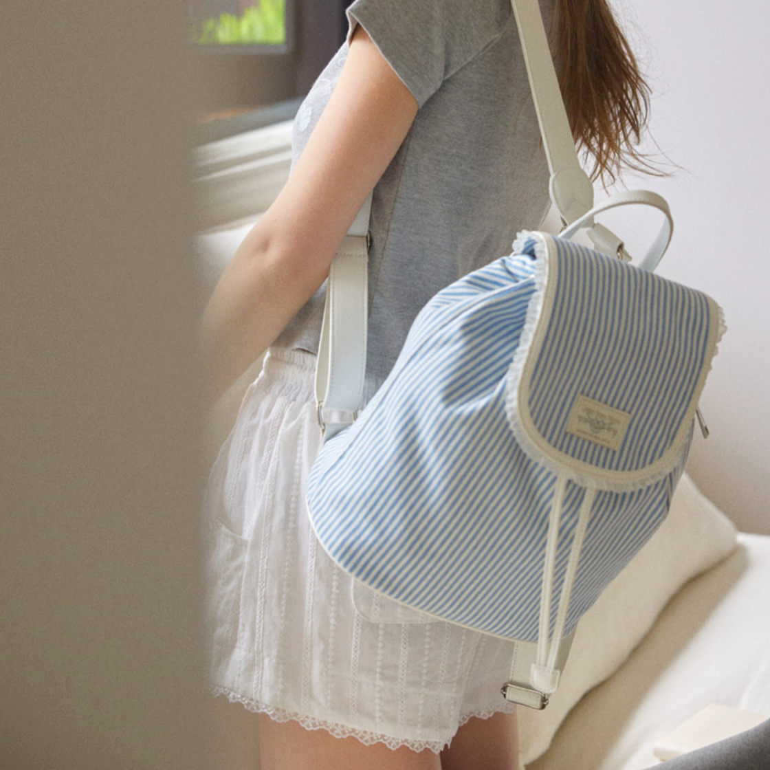 ｜Letter from Moon｜ Stripe Lace Cotton Backpack (Skyblue)