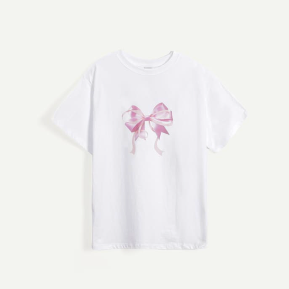 ｜RONRON｜ DOUBLE RIBBON BASIC FIT T SHIRT WHITE PINK