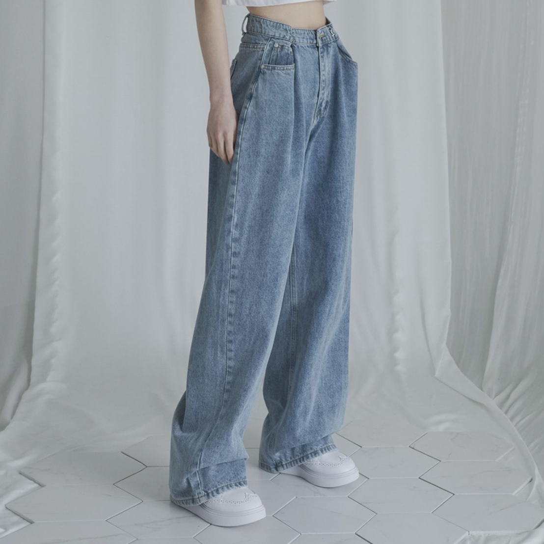 ｜Avandress｜ BUCKLE WIDE DENIM PANTS STONE BLUE