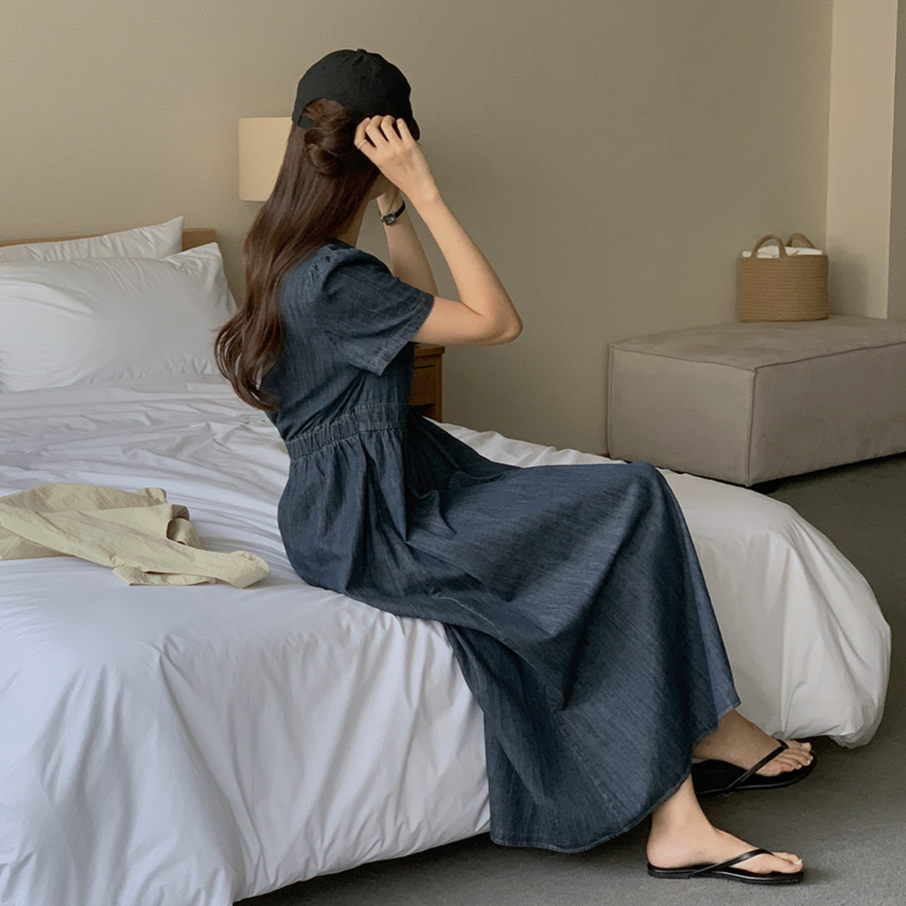 ｜FROM HEAD TO TOE｜ *Love from* Square Denim Short-Sleeved Long Dress