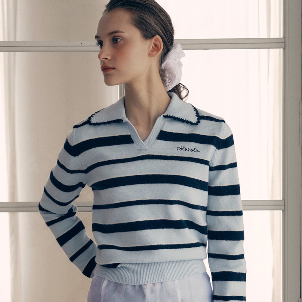 ｜rola rola｜ V NECK COLLAR STRIPE KNIT PULLOVER BLUE