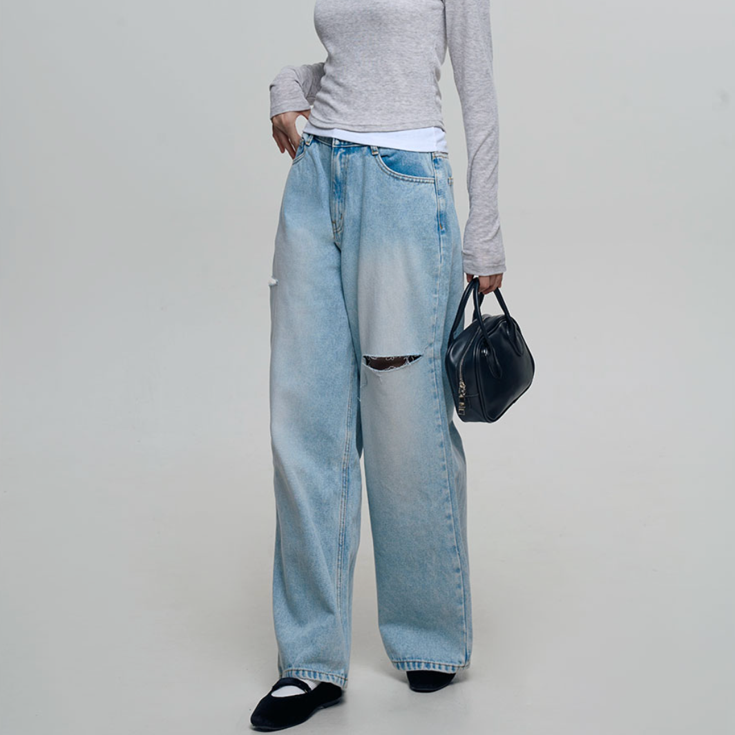 ｜CHICKS｜ Troy Damage Wide Denim Pants Light Denim
