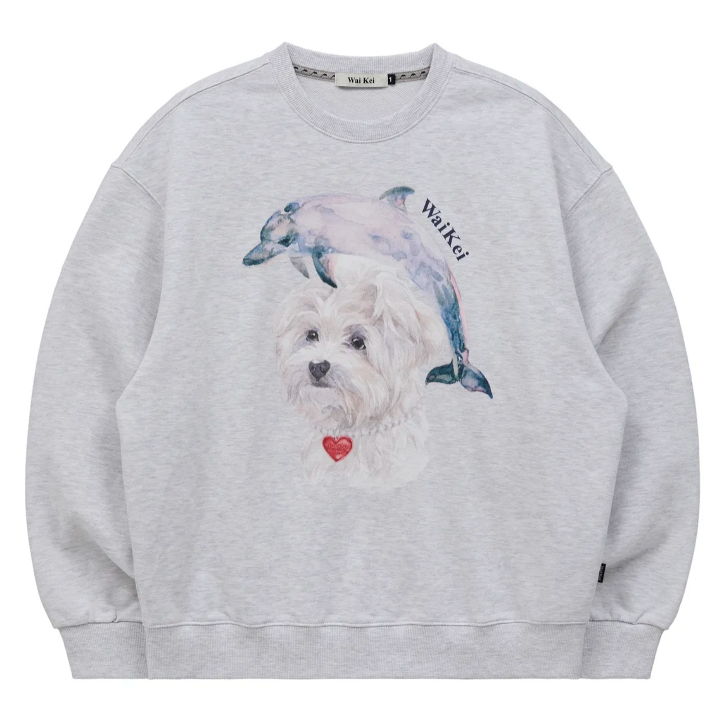 ｜Wai Kei｜ Water Color Puppy Dolphin Jumping Sweatshirt Melange White