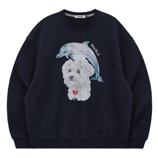 ｜Wai Kei｜ Water Color Puppy Dolphin Jumping Sweatshirt Navy