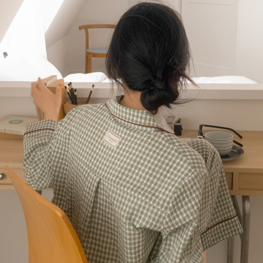 ｜Juuneedu｜ Jeu Simon Gingham Checkered Pajamas Set