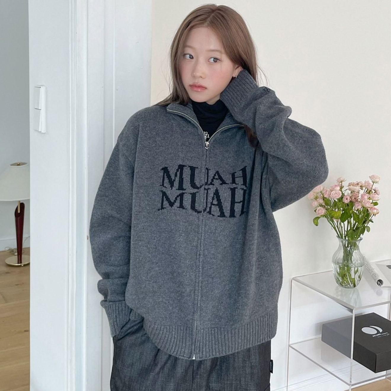 ｜muahmuah｜ Ramswool Jacquard Knitwear Zip-Up ｜Charcoal｜