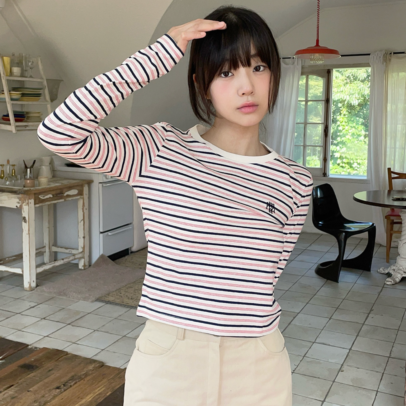 ｜muahmuah｜ Logo Stripe Crop Long Sleeve Tee ｜Navy｜
