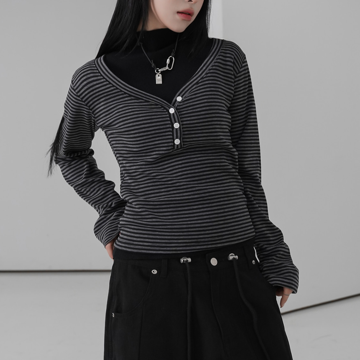 ｜BINARY01｜ Ren Button Stripe T-shirt