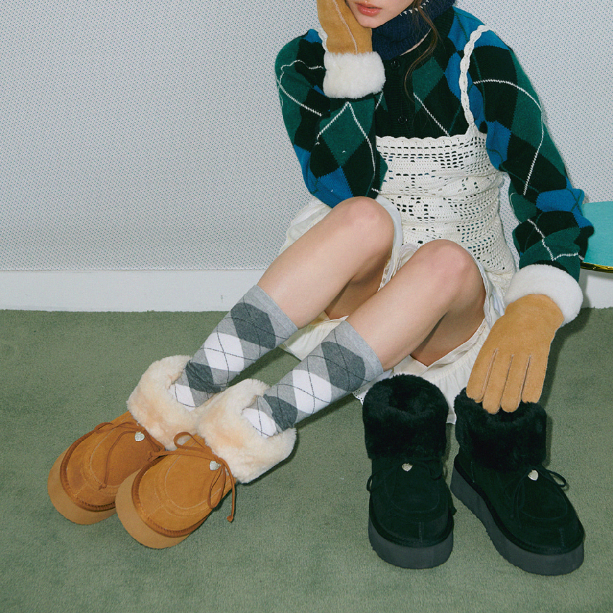 ｜re e re｜ Custard Cowhide Ribbon Platform Boots