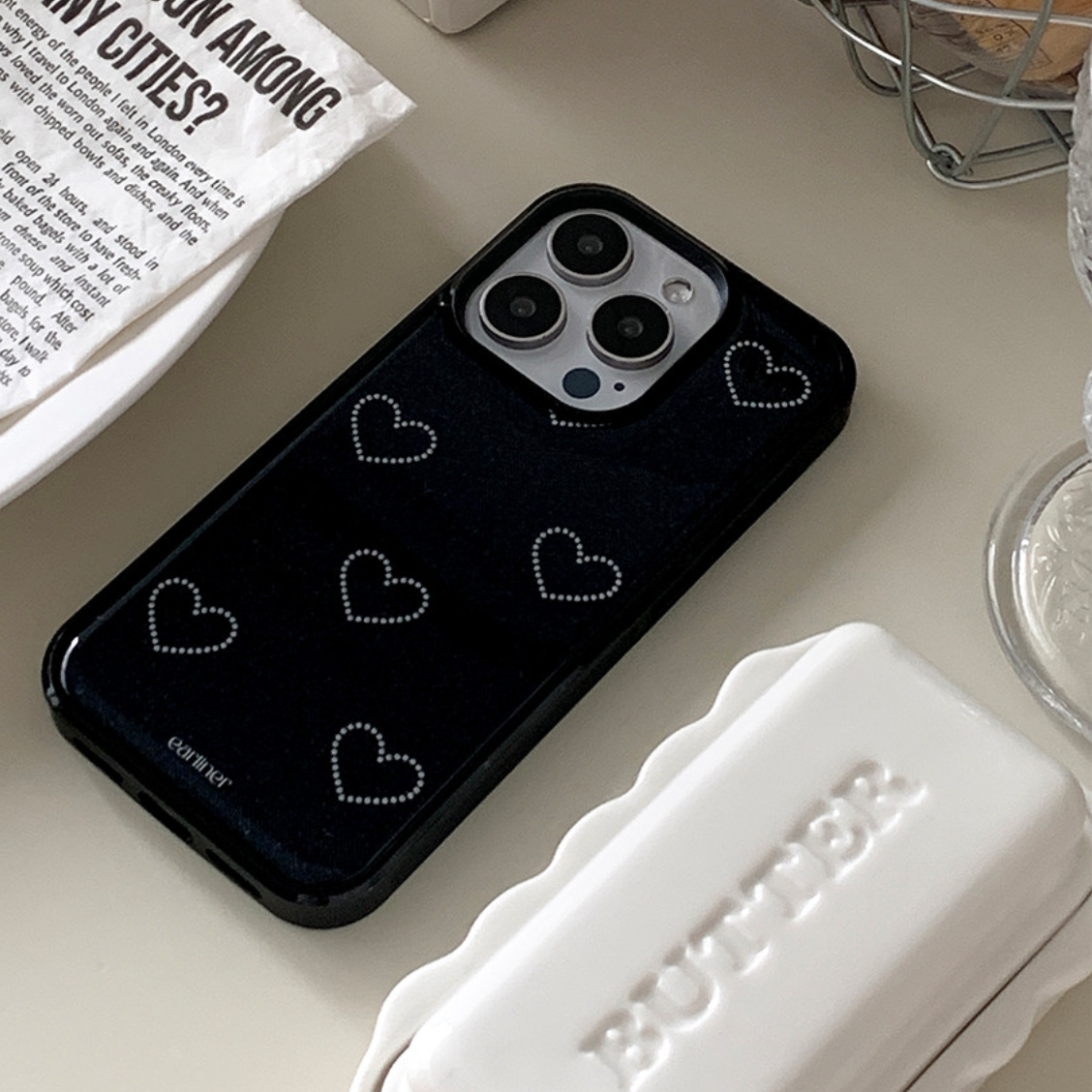 ｜earliner｜ Twinkle Heart Black Jeans Epoxy Bumper Case