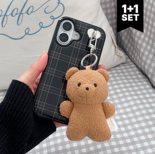 ｜THENINEMALL｜ Vintage Check Pattern Label Navy Red Epoxy Case + Keyring Set