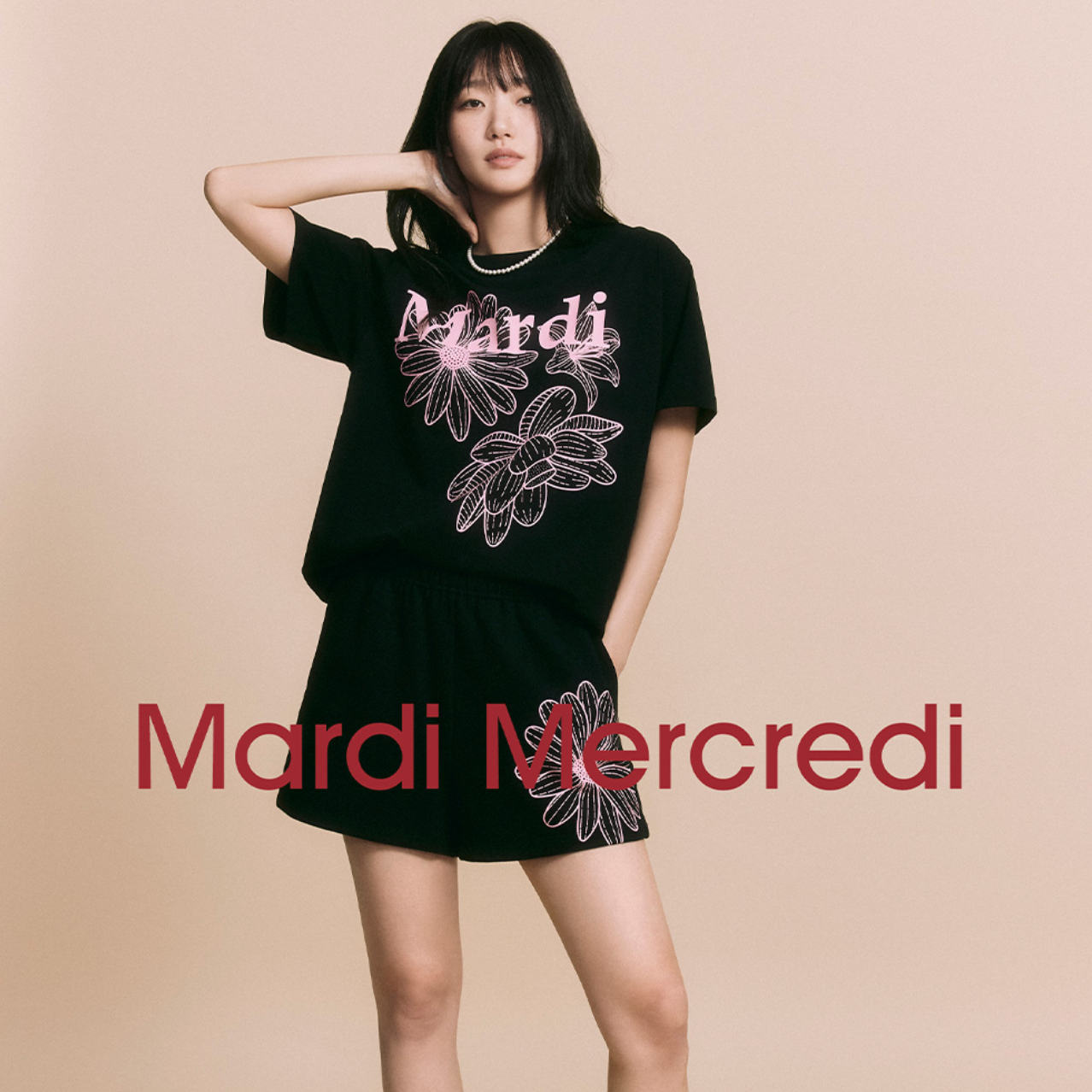 ｜MARDI MERCREDI｜ TSHIRT TRIPLE FLOWER BLACK PINK