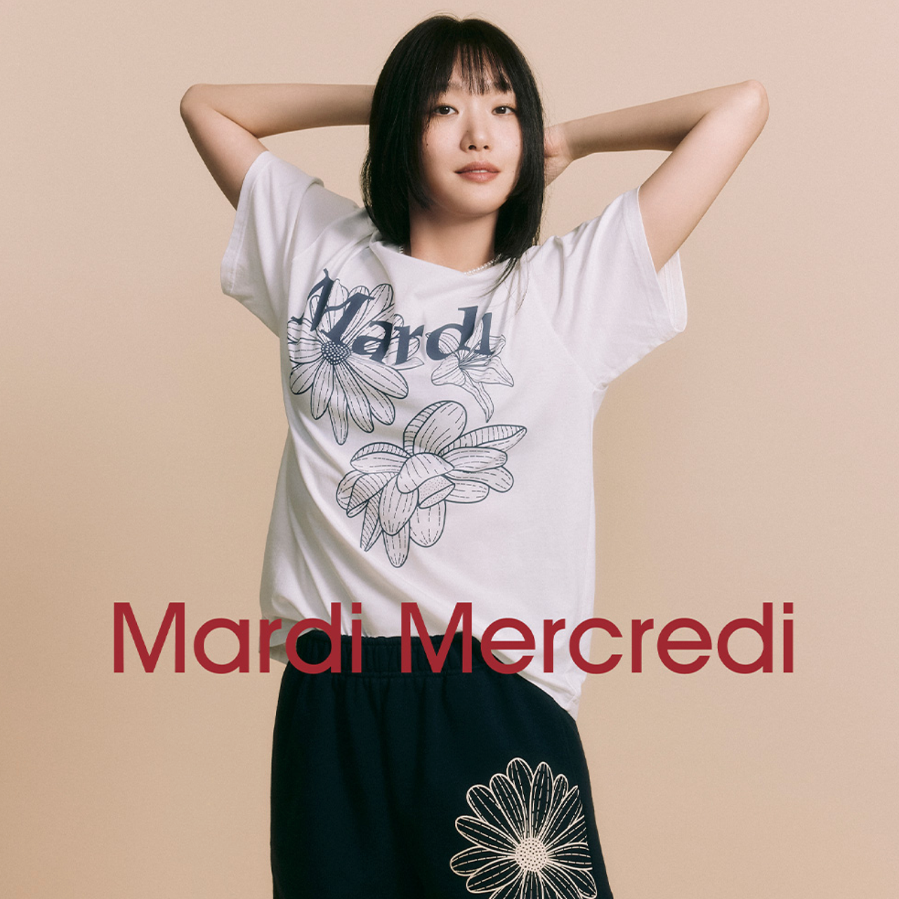｜MARDI MERCREDI｜ TSHIRT TRIPLE FLOWER IVORY NAVY